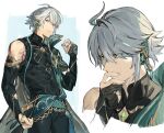  1boy alhaitham_(genshin_impact) asymmetrical_hair bare_shoulders black_pants blue_eyes covering_mouth detached_sleeves genshin_impact grey_hair hair_over_one_eye hand_over_own_mouth hashibiro_kou_(garapiko_p) highres jewelry long_sleeves looking_at_viewer male_focus muscular open_mouth pants parted_lips ring short_hair 