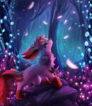 ambiguous_gender brown_body brown_fur canid canine eeveelution feral forest forest_background fur generation_4_pokemon green_eyes hair hi_res joeumbre kohki_(undermadness) leaf leaf_ears leaf_tail leafeon looking_up mammal nintendo plant pokemon pokemon_(species) raised_arm rock short_hair solo tail tree white_body white_fur