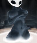 2026 5_fingers absurd_res arthropod artist_logo artist_name big_breasts biped black_body black_eyes breasts covering covering_breasts empty_eyes english_text female fingers genitals hi_res hollow_knight_(franchise) hornet_(hollow_knight) logo low-oil nude partially_submerged solo standing team_cherry text vulva water