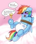 abdl absurd_res ageplay angry applejack_(mlp) arms_tied bed_sheet bedding bloodymrr blue_body blush bound clothed clothing dialogue diaper disgust duo ears_down embarrassed english_text equid equine female female/female feral friendship_is_magic full-length_portrait gradient_background hair hasbro hi_res infantilism lying mammal multicolored_hair multicolored_tail my_little_pony mythological_creature mythological_equine mythology on_back orange_body pegasus pink_eyes pivoted_ears portrait rainbow_dash_(mlp) rainbow_hair rainbow_tail roleplay simple_background solo_focus speech_bubble tail teasing text wearing_diaper wings wings_tied