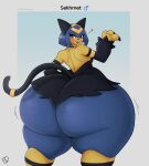 2026 accessory anthro artist_name big_butt blue_hair blush blush_lines bottom_heavy butt butt_focus claws clothing digital_media_(artwork) dress felid feline femboy fiffer furgonomics gender_symbol hair heart_symbol hi_res huge_butt huge_hips huge_thighs hyper hyper_butt hyper_hips jewelry lidded_eyes looking_at_viewer looking_back looking_back_at_viewer male male_symbol mammal open_:3 open_back_dress open_mouth pal_(species) palmorph palworld paws pocketpair portrait presenting presenting_hindquarters rear_view red_eyes ring seductive sekhmet_(pal) signature simple_background solo species_name standing symbol tail tail_accessory tail_jewelry tail_ring text thick_thighs three-quarter_portrait wide_hips yellow_body