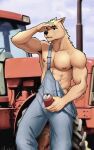 abs anthro artist_name beverage_can black_nose blush bodily_fluids brown_eyebrows can canid canine canis clothed clothing container domestic_dog ear_piercing eyebrows fur hi_res holding_can holding_container holding_object male mammal muscular muscular_male nipples off_shoulder outside overalls pecs piercing revojix rubby_(revojix) solo sweat tan_body tan_fur text tractor vehicle