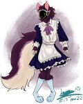  anthro black_clothing blue_clothing blue_knee_highs blush claws clothing dated excessive_fluff finger_claws fluffy fluffy_hair fluffy_tail fur hair hi_res knee_highs knee_tuft knock-kneed lappiedaien leg_tuft legwear machine maid_uniform male neck_tuft pink_ears protogen purple_body purple_bow purple_clothing purple_fur simple_background smile solo tail tan_body tan_fur tuft uniform vapor_holloway watermark white_clothing yellow_eyes 
