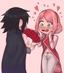  1boy 1girl artist_name black_cloak black_hair blush boruto:_naruto_next_generations boruto_(series) bouquet breasts cloak commentary dress english_commentary flower green_eyes hairband haruno_sakura heart hetero highres holding holding_bouquet husband_and_wife ireleglitter medium_breasts midriff_peek naruto_(series) navel pants pink_hair red_dress red_flower red_hairband red_rose rose spoken_heart uchiha_sasuke watermark white_pants 