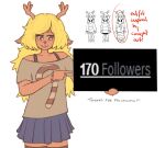 2026 anthro antlers bare_shoulders blonde_hair bottomwear bra bracelet brown_eyes clothed clothing cold_shoulder_top colored dark_body dark_fur deer deer_ears deltarune digital_media_(artwork) english_text eyebrows eyelashes female follower_number freckled_face freckles fur gesture hair hand_gesture hi_res holding_object holding_sign horn jewelry legwear lightner long_hair looking_aside mammal miniskirt noelle_holiday pointing print_clothing print_shirt print_t-shirt print_topwear pupils ramenkiu red_nose reference_image shirt sign signature simple_background simple_coloring skirt smile solo t-shirt text thigh_highs toby_fox_(copyright) topwear twitter undertale_(series) underwear white_background white_pupils