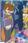 2018 2:3 ambiguous_species anthro biped bottomwear brown_hair clothed clothing duo eyes_closed female fuf green_hair hair hand_in_pocket hi_res holding_money holding_object hoodie inside long_hair looking_at_another male mammal money mustelid open_mouth open_smile otter pants plushie pockets rusty_(darkrusty) short_hair silhouette smile standing topwear