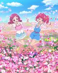  2girls ahoge blue_skirt field flower flower_field hair_ornament hairclip highres hoshina_hikaru hugtto!_precure jewelry long_hair multiple_girls necklace nono_hana official_art petals pink_eyes pink_flower pink_hair precure precure_connection_puzzlun shoes short_bangs short_sleeves skirt sneakers star_twinkle_precure third-party_source twintails 