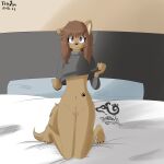  absurd_res anthro barefoot bed black_nose bottomless brown_body brown_hair canid canine canis clothed clothing clothing_lift corgee(tleatlnox59) detailed_background domestic_dog feet female female/female furniture genitals hair hi_res humanoid_genitalia humanoid_hands looking_at_viewer mammal mostly_nude navel navel_piercing nude on_bed one_ear_up piercing pillow purple_eyes pussy smile solo tattoo tleatlnox59 