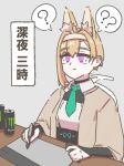  1girl ? ?? @_@ absurdres animal_ear_fluff animal_ears asymmetrical_sidelocks black_gloves blonde_hair breasts brown_jacket can chair collared_leotard drawing_(action) drawing_tablet drink_can egq912 egq912_(artist) fingerless_gloves fox_ears fox_girl fox_tail gloves green_necktie grey_background hairband highres holding holding_stylus hypnosis indie_virtual_youtuber jacket large_breasts mind_control monster_energy necktie on_chair purple_eyes self-portrait sidelocks simple_background sitting solo spoken_question_mark stylus table tail translation_request turtleneck virtual_youtuber white_hairband 