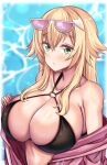  1girl absurdres alternate_costume ayannon_yumme bikini black_bikini blonde_hair breasts cleavage english_commentary eyewear_on_head frederica_baumann green_eyes hair_between_eyes highres huge_breasts jacket light_blush long_hair ocean off_shoulder open_mouth pink-tinted_eyewear pink_jacket re:zero_kara_hajimeru_isekai_seikatsu solo sunglasses swimsuit tinted_eyewear undressing upper_body white-framed_eyewear 