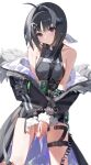  1girl absurdres ahoge arknights bare_shoulders black_coat black_hair breasts chinese_commentary chongchongbao_mushi coat commentary_request feather_hair fur-trimmed_coat fur_trim hair_intakes hair_ornament hairclip highres infection_monitor_(arknights) la_pluma_(arknights) looking_at_viewer medium_breasts multicolored_hair open_clothes open_coat purple_eyes short_hair simple_background solo two-sided_coat two-sided_fabric two-tone_hair white_background 