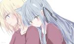  2girls 55ddee animal_ears bang_dream! bang_dream!_it's_mygo!!!!! black_ribbon blonde_hair blue_hair blush cat_ears collarbone from_side hair_ribbon head_on_another's_shoulder kemonomimi_mode long_hair medium_hair misumi_uika multiple_girls purple_eyes ribbon simple_background small_sweatdrop togawa_sakiko upper_body white_background yellow_eyes yuri 