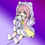  1girl anyoji_hime black_bow black_ribbon blonde_hair blue_eyes bow bow_legwear coat commentary_request controller covered_mouth full_body game_controller gradient_background gradient_hair hair_intakes hair_ribbon holding holding_controller holding_game_controller hood hooded_coat kurusu_rin long_hair long_sleeves looking_at_viewer love_live! love_live!_hasu_no_sora_jogakuin_school_idol_club multicolored_hair no_shoes open_clothes open_coat photo-referenced pink_hair ponytail purple_background ribbon shinanoya_(satanicad) sidelocks sitting socks solo very_long_hair virtual_youtuber voice_actor_connection white_socks 