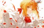  1girl absurdres ahoge blonde_hair braid braided_base braided_bun bun_with_braided_base closed_mouth commentary crown dress fate/grand_order fate_(series) flower gloves green_eyes hair_bun hair_intakes hair_ornament hair_ribbon hand_up highres juliet_sleeves long_sleeves looking_at_viewer mini_crown moha_(rin123456) nero_claudius_(fate) nero_claudius_(flower_parade)_(fate) petals puffy_sleeves red_flower red_petals red_ribbon red_rose ribbon rose rose_petals single_hair_bun solo white_background white_dress white_gloves 