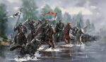  6+boys a_song_of_ice_and_fire armor beard brown_horse cape cloud cloudy_sky commentary english_commentary facial_hair flag full_body game_of_thrones grey_sky grey_wind helmet highres holding holding_flag holding_shield holding_sword holding_weapon horseback_riding jon_umber long_hair multiple_boys nature outdoors riding robb_stark roose_bolton shield short_hair sky smile sword theon_greyjoy tree water weapon white_horse wolf zippo514 