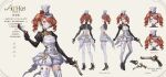  1girl :/ ankle_boots asymmetrical_legwear black_boots black_gloves black_shrug blue_eyes boots breasts character_name chinese_commentary chinese_text cleavage commentary_request drill_hair dual_wielding english_text facial_mark flower full_body garter_straps gloves gun handgun hat hat_flower heart heart_facial_mark high_heel_boots high_heels highres holding holding_gun holding_weapon juliet_sleeves key long_sleeves looking_at_viewer mark_under_eye medium_breasts medium_hair mismatched_legwear mismatched_thighhighs multiple_expressions multiple_views orange_hair original ponytail puffy_sleeves red_flower red_rose reference_sheet rose short_jumpsuit shrug_(clothing) striped_clothes striped_thighhighs thighhighs top_hat turnaround twin_drills vellie_wenv vertical-striped_clothes vertical-striped_thighhighs weapon white_hat white_thighhighs yellow_background 