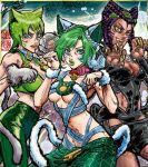  3girls absurdres adversarial_noise animal_collar animal_ears animal_hands ashiya_kouhei bell black_shorts blue_collar blue_eyeliner blue_hair braid braided_ponytail breasts cat_ears cat_girl cat_tail claw_pose cleavage collar commentary_request crop_top dark-skinned_female dark_skin dreadlocks ermes_costello eyelashes eyeliner facial_mark fangs foo_fighters_(jojo) forehead_tattoo fur_cuffs gloves green_hair green_pants high-waist_pants highres jojo_no_kimyou_na_bouken kemonomimi_mode kujo_jolyne lowleg lowleg_pants makeup marker_(medium) medium_breasts midriff multicolored_hair multiple_girls neck_bell open_mouth pants paw_gloves paw_pose pink_collar puckered_lips purple_hair sharp_teeth short_hair short_shorts shorts slit_pupils smile stone_ocean tail tattoo teeth tongue tongue_out traditional_media two-tone_hair underboob watermark whisker_markings 