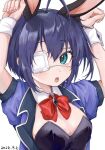  1girl ahoge animal_ears aqua_eyes arms_up bow bowtie breasts chuunibyou_demo_koi_ga_shitai! cleavage collar commentary_request dated detached_collar eyepatch fake_animal_ears hair_between_eyes kfkim2980 looking_at_viewer medical_eyepatch nontraditional_playboy_bunny official_alternate_costume one_side_up open_mouth purple_shirt rabbit_ears red_bow red_bowtie shirt short_hair short_sleeves simple_background small_breasts solo takanashi_rikka upper_body white_background white_collar white_wrist_cuffs wrist_cuffs 