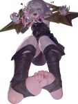  1girl bound bound_wrists briar_(league) colored_sclera commentary_request dokomon feet fingernails foot_focus grey_hair hair_between_eyes heart highres league_of_legends long_hair looking_at_viewer multicolored_hair no_pupils open_mouth pale_skin pillory pink_hair pink_sclera pointy_ears sharp_fingernails sharp_teeth simple_background soles solo stirrup_legwear teeth toeless_legwear toes tongue tongue_out two-tone_hair white_background white_eyes 
