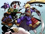  1boy 3girls afro armor baggy_pants ballista_(sekaiju) ballista_1_(sekaiju) black_hair black_hakama blonde_hair blue_eyes boots brown_ribbon coat commentary_request crop_top dark-skinned_male dark_skin dual_wielding fang floral_print forehead_protector green_pants hair_ribbon hakama hakama_skirt hat high_ponytail hoku holding holding_sword holding_weapon japanese_armor japanese_clothes kesaran_pasaran kesaran_pasaran_(sekaiju) looking_at_viewer mechanical_wings monk_(sekaiju) monk_2_(sekaiju) multiple_girls multiple_swords open_mouth orange_pants pants ponytail purple_coat purple_hair purple_hat ribbon scabbard sekaiju_no_meikyuu sekaiju_no_meikyuu_3 sheath sheep shogun_(sekaiju) shogun_2_(sekaiju) shoulder_armor sidelocks skirt smile sode sword twintails weapon white_boots wings zodiac_(sekaiju) zodiac_2_(sekaiju) 