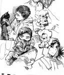  1boy animal cat cry_of_fear cubchoo fingerless_gloves gloves greyscale hatching_(texture) highres holding holding_animal holding_cat hood hood_down hood_up hoodie male_focus monochrome multiple_views pokemon short_hair si_tou simon_henriksson stuffed_animal stuffed_toy teddy_bear 