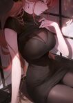  1girl absurdres alternate_costume aru_(blue_archive) bag black_bag black_bodystocking black_dress black_pantyhose blue_archive blush bodystocking breasts cleavage commentary demon_horns dress earrings from_side hand_up highres horns jewelry large_breasts light_blush long_hair low_horns okkimon open_mouth pantyhose parted_lips pink_hair see-through_cleavage see-through_clothes shadow short_dress short_sleeves shoulder_bag sitting solo sweat sweatdrop thighband_pantyhose untranslatable_commentary 