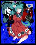  1girl absurdres aqua_eyes aqua_hair black_hairband chngqngy647842 commentary_request dress eye_hair_ornament hairband hatsune_miku highres juliet_sleeves long_sleeves looking_at_viewer psi_(vocaloid) puffy_sleeves red_dress solo twintails vocaloid 