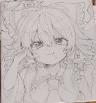  1girl :p ascot blush bow commentary_request detached_sleeves frilled_bow frilled_hair_tubes frills greyscale hair_bow hair_tubes hakurei_reimu hayuk0 highres holding long_hair monochrome photo_(medium) ribbon-trimmed_sleeves ribbon_trim shikishi solo tongue tongue_out touhou traditional_media translation_request upper_body 