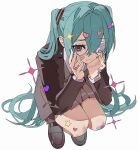  1girl aqua_hair bandaid bandaid_hair_ornament bandaid_on_face bandaid_on_finger bandaid_on_hand bandaid_on_knee bandaid_on_leg brown_eyes brown_jacket brown_shoes brown_skirt commentary double-parted_bangs eyepatch frown full_body furrowed_brow hair_intakes hair_ornament hands_on_own_face hatsune_miku heart heart_hair_ornament highres jacket legs_folded long_hair monitoring_(vocaloid) one_eye_covered shoes simple_background skirt solo sparkle squatting twintails untranslatable_commentary very_long_hair vocaloid white_background x_hair_ornament zero_(jckz2334) 