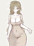  1girl asa_22i bare_arms bare_shoulders bite_mark bite_mark_on_breast blonde_hair blush breasts brown_dress cleavage commentary_request covered_navel cowboy_shot dongtan_dress dress expressionless green_eyes hair_over_one_eye hand_on_own_hip highres korean_commentary large_breasts large_forehead limbus_company lipstick_mark long_hair looking_at_viewer mole mole_on_breast project_moon simple_background translation_request twitter_username valencina_(project_moon) very_long_hair white_background wide_hips 