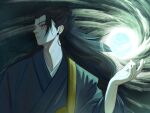  1boy black_hair closed_mouth commentary cursed_energy_(jujutsu_kaisen) ear_piercing geto_suguru hair_bun highres jujutsu_kaisen long_hair piercing plug_(piercing) solo tomiokamon 