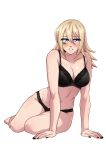  1girl absurdres arm_support bare_shoulders barefoot black_bra black_panties blonde_hair blue_eyes blush bra breasts cleavage collarbone full_body hair_between_eyes henna_(hentaiukr) hentaiukr highres korzynka_persykiv lace lace-trimmed_bra lace_trim large_breasts lingerie long_hair looking_at_viewer medium_breasts navel original panties simple_background sitting solo teeth thick_thighs thighs ukraine ukrainian_flag underwear underwear_only white_background 
