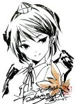  1girl closed_mouth collared_shirt commentary_request cropped_shoulders dated greyscale hat hauchiwa looking_at_viewer monochrome neck_ribbon pointy_ears ribbon seal_impression shameimaru_aya shirt short_hair signature simple_background smile solo spot_color top_hat touhou tsubameyado white_background 