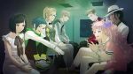  2girls 5boys amamine_mika ash_meyer black_headband bow bowtie camu_einhard chain cuffs desperadrops everyone fedora frilled_shirt frilled_sleeves frills game_asset gib_baltzer glasses handcuffs hat headband knees_to_chest kozaki_yuusuke large_bow luis_hamiel multiple_boys multiple_girls official_art own_hands_clasped own_hands_together pink_serafuku polka_dot polka_dot_bow ponytail prison_cell purple_bow ramie_carriere sally_del_testa school_uniform serafuku shackles shirt short_ponytail sitting smile sweater_vest third-party_source twintails unhappy visual_novel_cg 