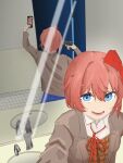  1girl bathroom blazer blue_skirt bob_cut bow collared_shirt commentary doki_doki_literature_club doki_doki_literature_club_school_uniform grey_jacket grin gun gun_mirror_selfie_(meme) gun_to_own_head hair_bow handgun highres holding holding_gun holding_phone holding_weapon imminent_suicide indoors jacket meme neck_ribbon phone pink_hair pink_vest pov ribbon sayori_(doki_doki_literature_club) school_uniform selfie shirt short_hair skirt smile solo vadera0 vest weapon white_shirt 