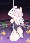  1girl absurdres ahoge animal_ear_fluff animal_ears annytf arms_up between_breasts black_gloves black_leotard black_shoes bound bound_wrists breasts commentary cuffed cuffs demon_tail demon_wings elbow_gloves english_commentary fox_ears full_body furrowed_brow gloves gold_bar gradient_hair grey_hair hair_ornament handcuffs heart heart_ahoge heterochromia high_heels highleg highleg_leotard highres indie_virtual_youtuber kneeling large_breasts leotard light_blush long_hair looking_at_viewer low_wings multicolored_hair o-ring o-ring_thigh_strap open_mouth pink_eyes pink_hair pink_streaks poker_chip pole pole_between_breasts purple_eyes roulette_table sandasutomu shoes solo star_(symbol) star_hair_ornament strapless strapless_leotard streaked_hair stripper_pole table tail thigh_strap thighhighs two_side_up virtual_youtuber white_thighhighs wing_hair_ornament wings x_hair_ornament 