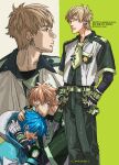  2boys arms_up bandaged_hand bandages belt belt_buckle black_shirt blonde_hair blue_hair bracelet breast_pocket bridge_piercing buckle commentary_request dramatical_murder ear_piercing earrings face_piercing green_eyes green_necktie hand_on_another's_head hands_in_pockets hood hood_down imamori_shun jacket jewelry kiss kissing_head labret_piercing layered_sleeves long_sleeves looking_to_the_side male_focus multicolored_jacket multicolored_shirt multiple_boys multiple_earrings multiple_views necktie noiz_(dramatical_murder) open_mouth piercing pocket safety_pin seragaki_aoba shirt short_hair short_over_long_sleeves short_sleeves sideways_glance solo_focus twitter_username very_short_hair watermark white_shirt yaoi 