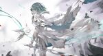  1girl absurdres aqua_hair arcaea blood_sword bruise cape closed_mouth commentary cowboy_shot detached_wings dress gloves high-low_dress highres holding holding_sword holding_weapon injury saya_(absolution)_(arcaea) saya_(arcaea) short_hair solo sword thighhighs torn_clothes torn_dress wansu_desu weapon white_background white_cape white_dress white_gloves white_thighhighs wings 