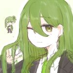  1boy black_jacket black_pants chibi chibi_inset closed_mouth coat collared_shirt commentary eyebrow_cut green_coat green_eyes green_hair green_necktie hair_between_eyes hand_up jacket lapels library_of_ruina lobotomy_corporation long_hair long_sleeves looking_at_viewer male_focus monuko_nu necktie netzach_(project_moon) one_eye_closed pants project_moon shirt simple_background sketch untranslatable_commentary very_long_hair white_shirt 
