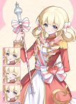  1girl :d ^_^ arm_behind_back blonde_hair bow closed_eyes closed_mouth dotted_line dress epaulettes hair_bow hair_rings hand_up highres holding multiple_expressions original red_dress rin_(ryne_0303) smile striped_bow v-shaped_eyebrows white_dress 
