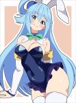 1girl absurdres animal_ears aqua_(konosuba) blue_eyes blue_gem blue_hair blue_leotard blush blush_stickers bow bowtie breasts cleavage closed_mouth commentary_request detached_sleeves fake_animal_ears frilled_leotard frills gem green_bow green_bowtie highleg highleg_leotard highres kono_subarashii_sekai_ni_shukufuku_wo! leotard long_hair looking_at_viewer medium_breasts noyama_takenoko playboy_bunny rabbit_ears smile solo thighhighs thighs very_long_hair white_sleeves white_thighhighs 