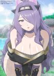  1girl absurdres bare_shoulders black_hairband blue_sky breasts camilla_(fire_emblem) camilla_(ninja)_(fire_emblem) choker cleavage cloud collarbone commentary fake_horns fire_emblem fire_emblem_fates fire_emblem_heroes fishnets gloves hair_over_one_eye hairband highres horns large_breasts leaning_forward long_hair looking_at_viewer ninja official_alternate_costume official_alternate_hairstyle open_mouth outdoors ponytail purple_choker purple_eyes purple_gloves purple_hair sky solo tak0baka water 