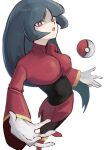  1girl bodysuit bodysuit_under_clothes breasts floating floating_object gloves highres jacket levitation long_sleeves looking_at_viewer pale_skin pantyhose pencil_skirt poke_ball poke_ball_(basic) pokemon pokemon_firered_and_leafgreen red_eyes sabrina_(pokemon) simple_background skirt solo straight_hair telekinesis tikuwabu_33 turtleneck turtleneck_jacket white_background 