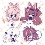  4girls ahoge angelina_(arknights) angelina_the_mellow_wish_(arknights) animal_ear_fluff animal_ears arknights black_gloves black_hairband brown_hair cav1111 chibi chibi_only commentary food fox_ears fox_girl gloves hair_between_eyes hairband highres holding holding_food holding_pizza holding_staff jacinta_(arknights) long_hair long_sleeves looking_at_viewer multiple_girls one_eye_closed open_mouth pink_hair pizza pizza_slice rabbit_ears rabbit_girl raccoon_ears raccoon_girl smile staff thumpy_(arknights) timeslot_(arknights) twintails untranslatable_commentary upper_body white_background white_hair 