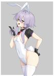  1girl absurdres animal_ears black_choker black_gloves breasts choker commentary_request covered_navel fake_animal_ears fake_tail gloves grey_background hand_on_own_hip highres leotard long_sleeves necktie nontraditional_playboy_bunny open_mouth puffy_short_sleeves puffy_sleeves purple_hair rabbit_ears rabbit_tail red_necktie short_hair_with_long_locks short_necktie short_sleeves simple_background small_breasts solo strapless strapless_leotard tail thighhighs vocaloid voiceroid white_leotard white_thighhighs yuzuki_yukari zooanime 