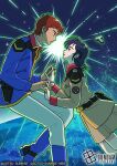  1boy 1girl amuro_ray black_hair blue_eyes brown_hair chan_agi char's_counterattack commentary_request company_name copyright_logo copyright_name copyright_notice earth_federation earth_federation_space_forces eye_contact gundam gundam_card_game holding_hands in_orbit komayama_akira logo looking_at_another messy_hair psycho_frame space spiked_hair star_(sky) 