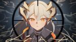  1girl absurdres arknights blush commentary_request crosshair_pov dragon_girl dragon_horns earclip grey_hair hibana_(vocaloid) highres horns iguana152588 jacket long_hair looking_at_viewer orange_eyes parted_lips saria_(arknights) simple_background smoke solo very_long_hair white_jacket 
