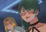  2girls black_choker blonde_hair ceiling choker cloak closed_mouth collarbone criss-cross_halter curtained_hair green_hair halo_(series) halo_2 halterneck highres indoors kanokoga long_hair methode_(sousou_no_frieren) multiple_girls o-ring o-ring_choker parted_bangs parted_lips purple_eyes scene_reference shaded_face side_ponytail sidelocks signature sousou_no_frieren spacecraft_interior ubel_(sousou_no_frieren) white_cloak 