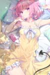  1girl alternate_costume arms_up blush breasts cellphone cleavage closed_mouth collarbone commentary cowboy_shot demon_girl demon_tail dress eyelashes flower frilled_dress frills hair_flower hair_ornament head_tilt heart heart-shaped_pupils highres hong_(white_spider) looking_at_viewer lying medium_breasts medium_hair momo_velia_deviluke on_back on_bed phone pillow pink_hair purple_eyes simple_background sleeveless sleeveless_dress smartphone smile solo strap_slip symbol-shaped_pupils tail to_love-ru white_flower yellow_dress 