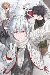  5boys :d =_= ^^^ arm_up beads belt black_gloves black_hair black_jacket black_sweater blue_eyes blush_stickers brown_belt cape commentary crossed_bangs diagonal-striped_clothes diagonal-striped_necktie dot_nose double-parted_bangs drawstring earmuffs fringe_trim from_above ggggg000011123 gloves green_sweater grey_hair grey_pants grey_shirt grid_background hair_beads hair_between_eyes hair_ornament hand_up hat highres iro_cloud jacket knit_jacket koyo_tempest long_sleeves looking_at_another looking_up male_focus multiple_boys necktie newsboy_cap nino_sunday open_clothes open_jacket orange_hair oto_rainy outdoors pants plaid_clothes plaid_jacket pom_pom_(clothes) profile purple_eyes purple_hair rectangular_mouth red_cape red_eyes red_necktie robo_frostor scarf selfie shirt short_hair skoshism smile snowman striped_clothes striped_necktie surprised sweater turtleneck turtleneck_sweater untranslatable_commentary upper_body utaite v very_short_hair virtual_youtuber white_gloves white_hair white_hat white_jacket white_scarf winter zipper_pull_tab 